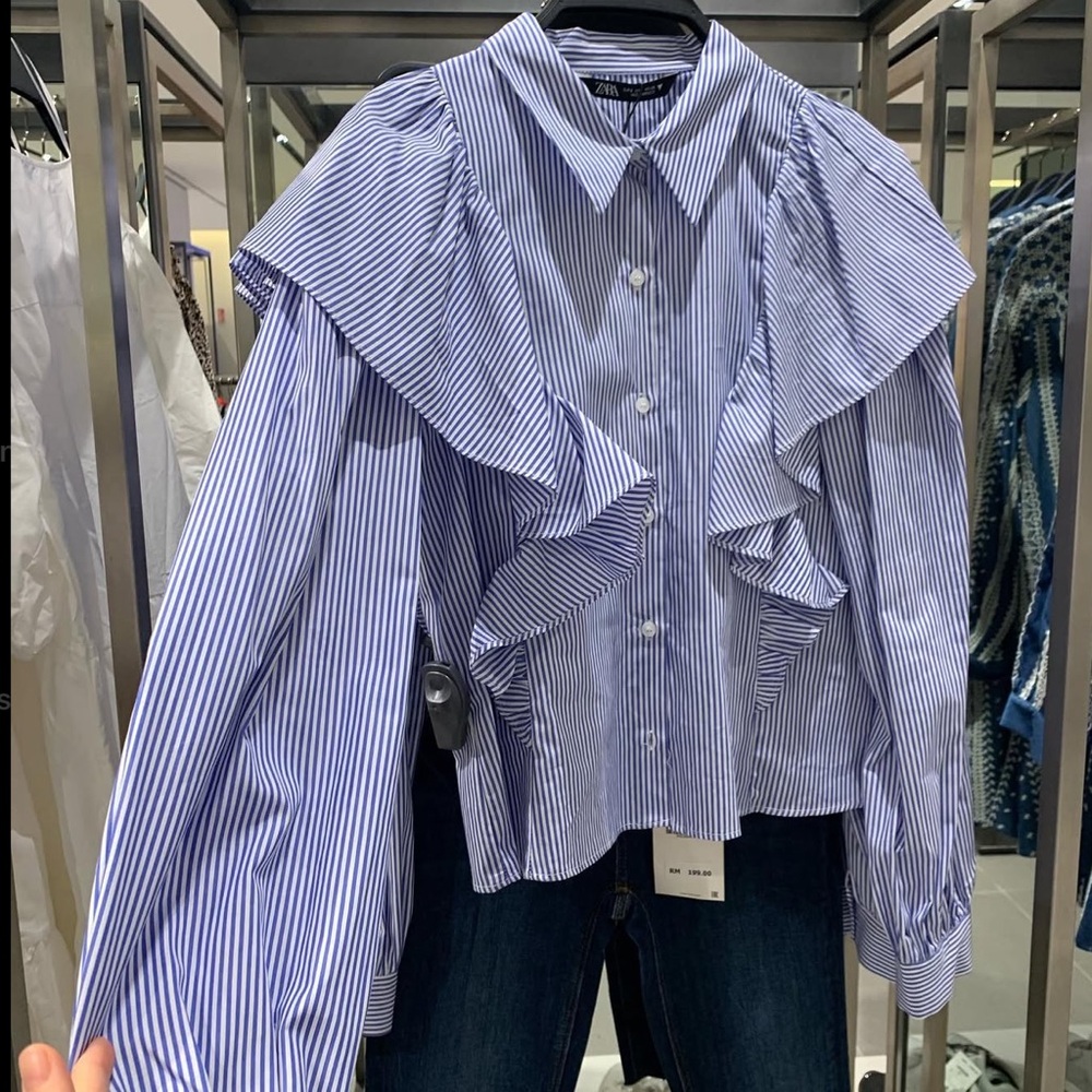 Zara Long Sleeve Stripe Blue White Shirt Ruffles Size XS - Picture 5 of 10